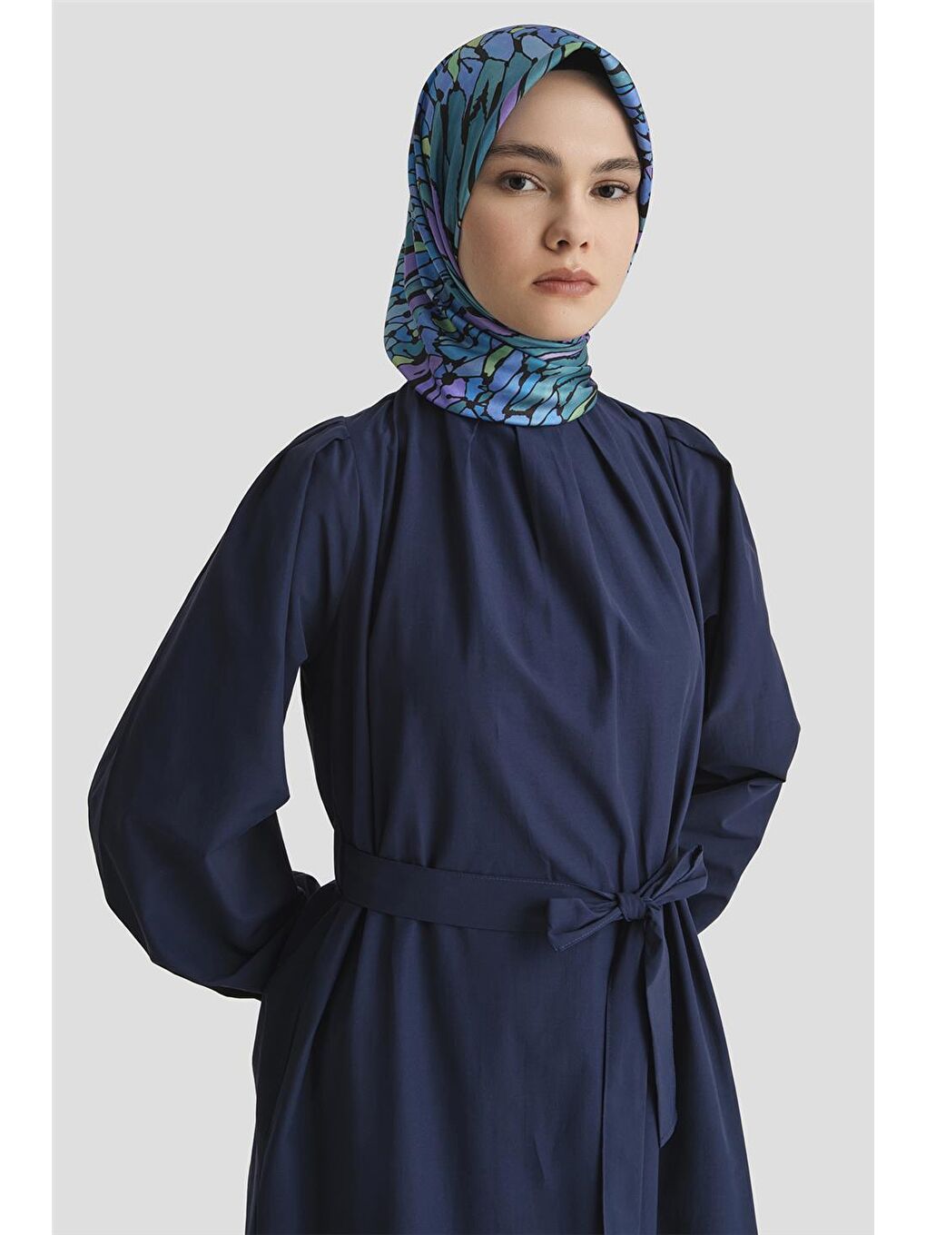 Pile Detaylı Pamuk Elbise 25Y9024 Lacivert-3