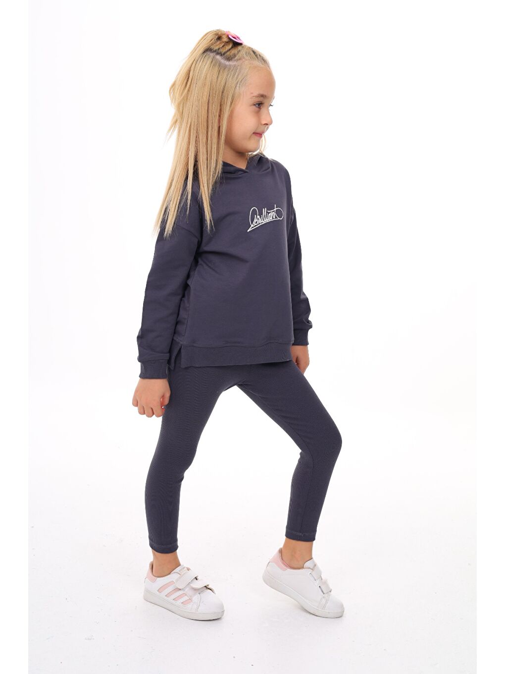 Antrasit Kız Çocuk Nakışlı Taytlı Takım-3