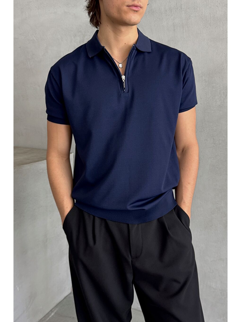 Lacivert Erkek Oversize Fermuarlı Polo Yaka Triko T-Shirt-1