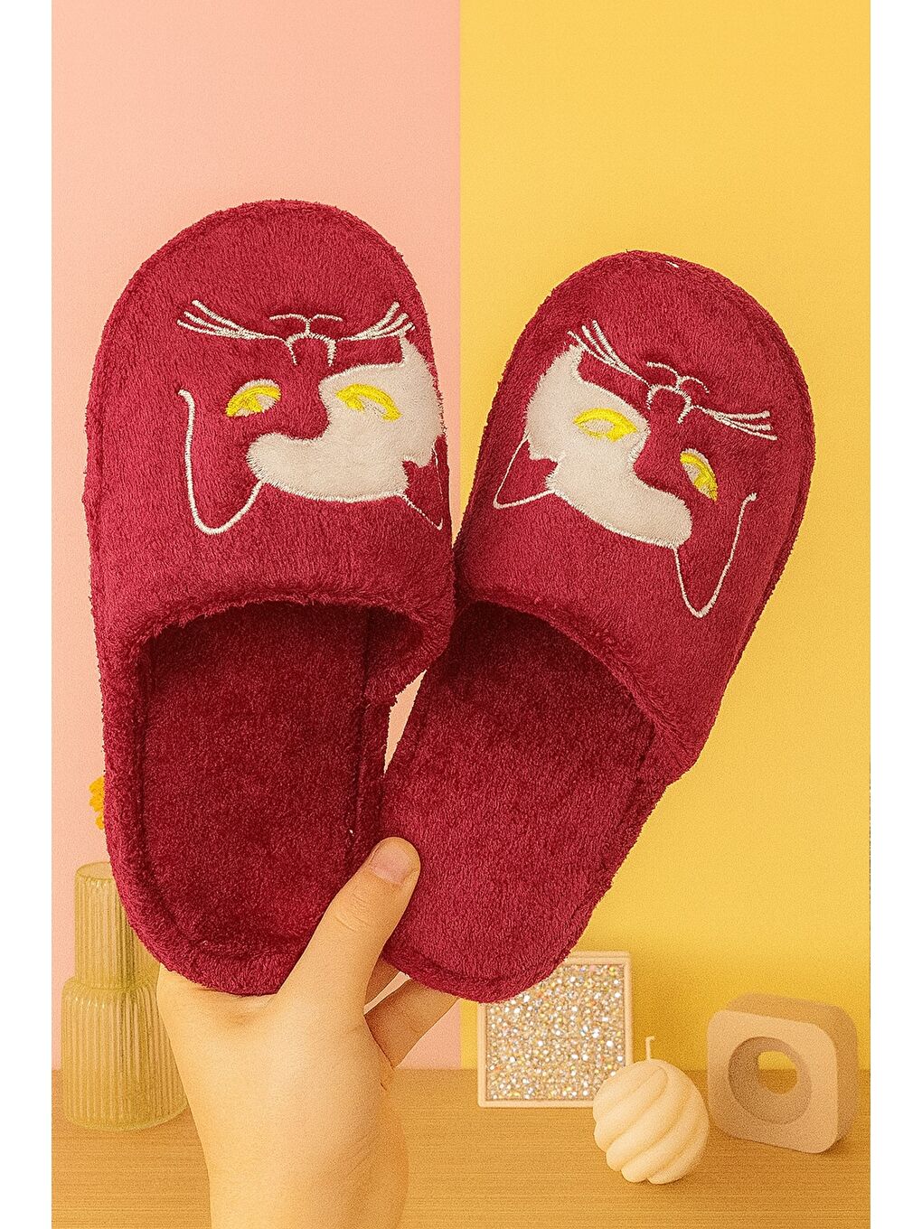 Bordo NEKO Kedili Kadın Ev Terliği Günlük Rahat Kışlık Terlik