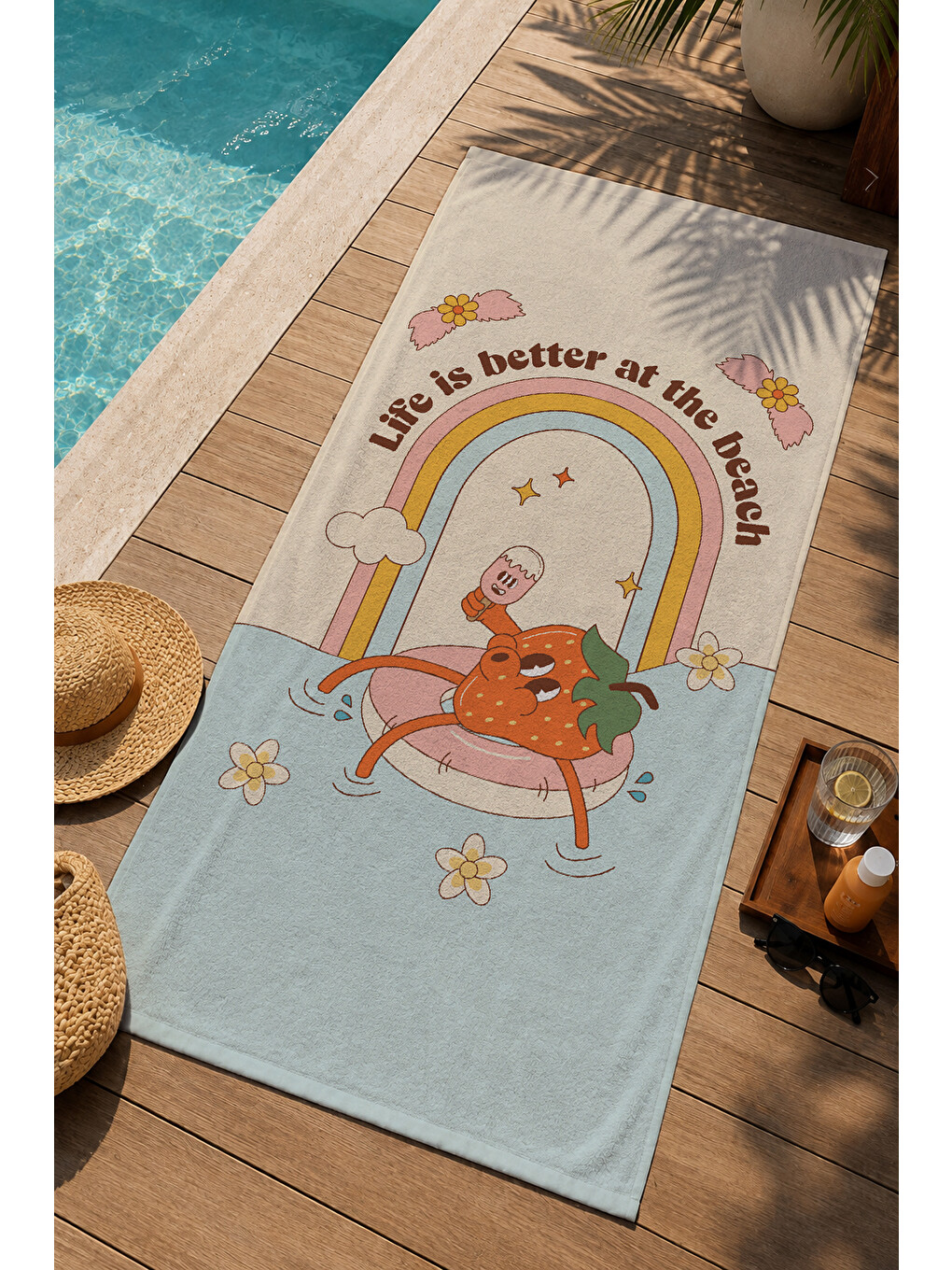 Ekru Krem Life Is Better At The Beach Desenli 70x150 Cm Dijital Baskılı Plaj Ve Banyo Havlusu-2