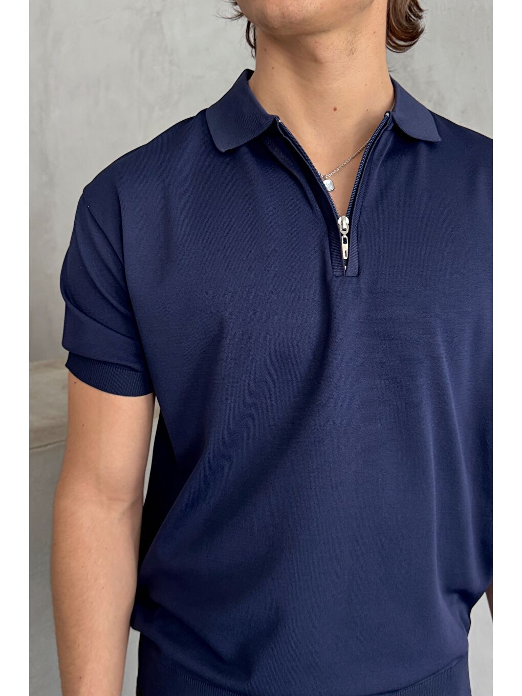 Lacivert Erkek Oversize Fermuarlı Polo Yaka Triko T-Shirt-3