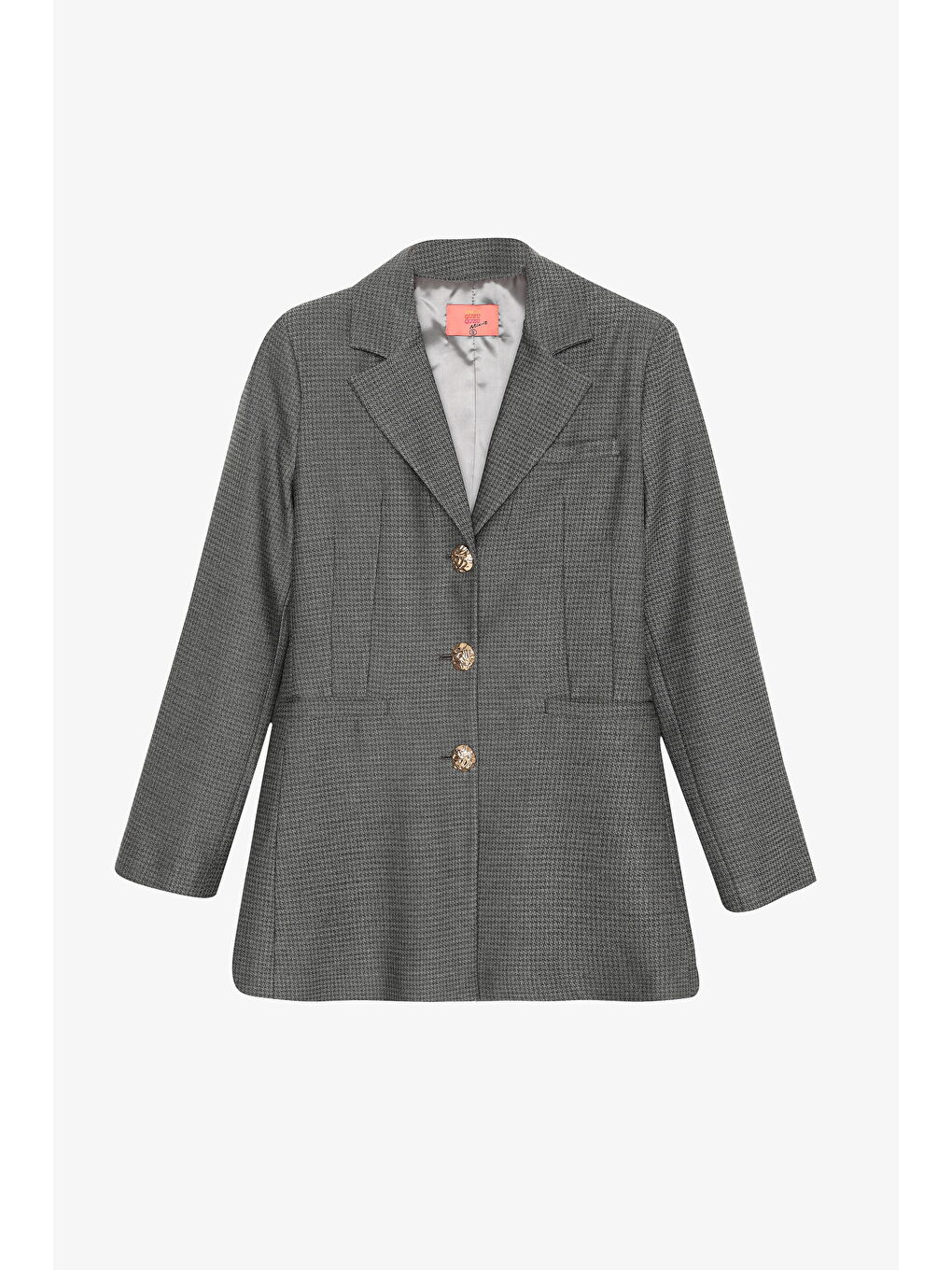 Kazayağı Desenlı Düğmeli Blazer Ceket Gri