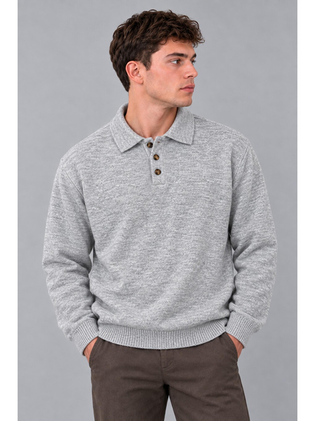 Gri Oversize Düğmeli Yaka Örgü Kazak Dp 17501_10063-1