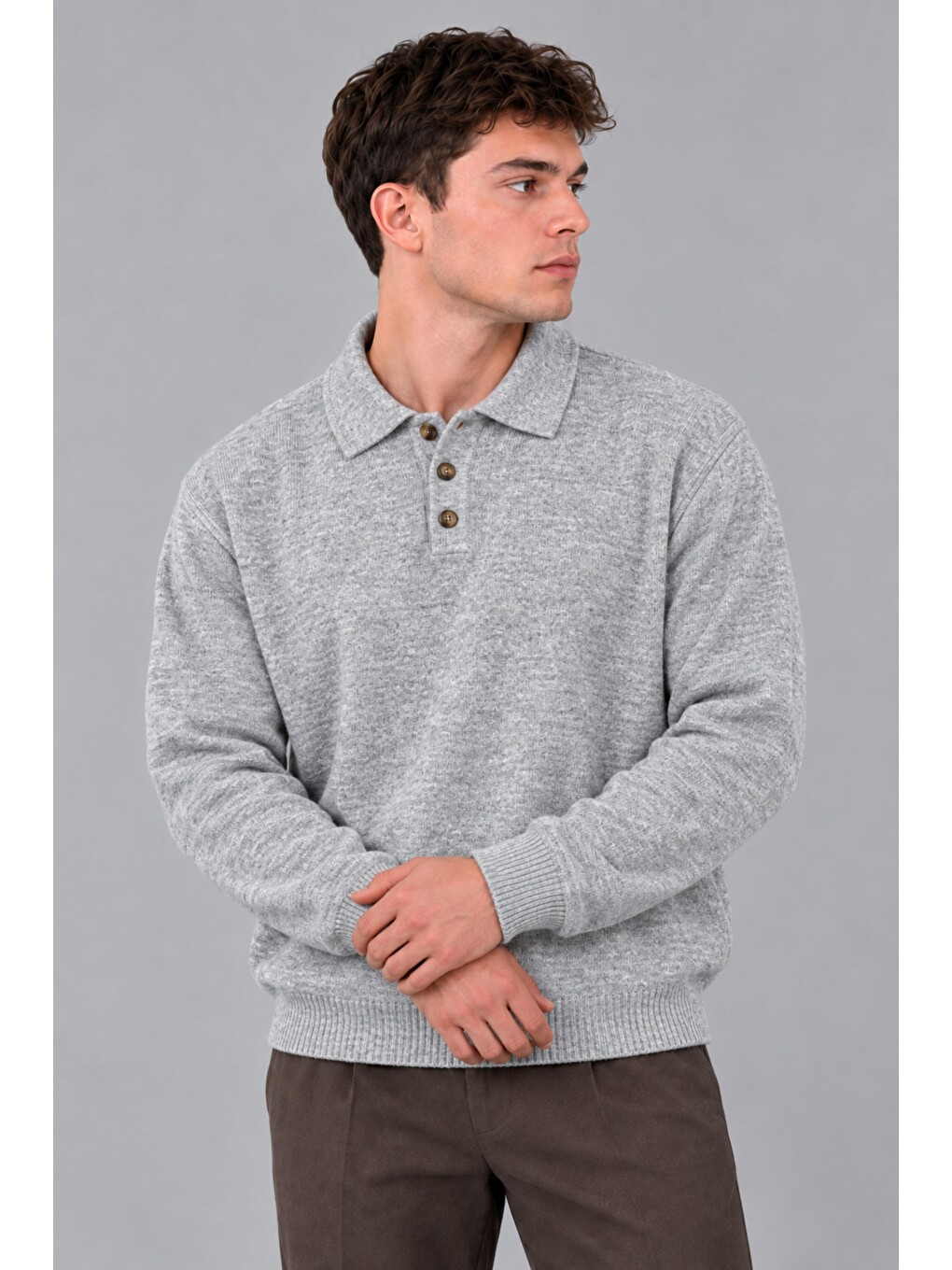 Gri Oversize Düğmeli Yaka Örgü Kazak Dp 17501_10063-2