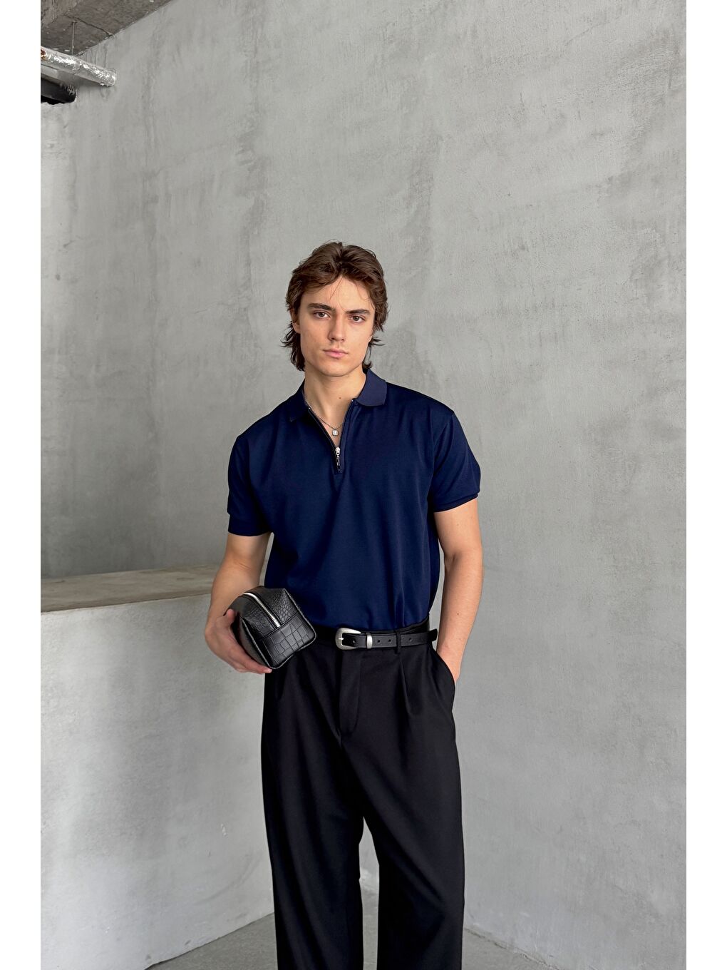 Lacivert Erkek Oversize Fermuarlı Polo Yaka Triko T-Shirt-4