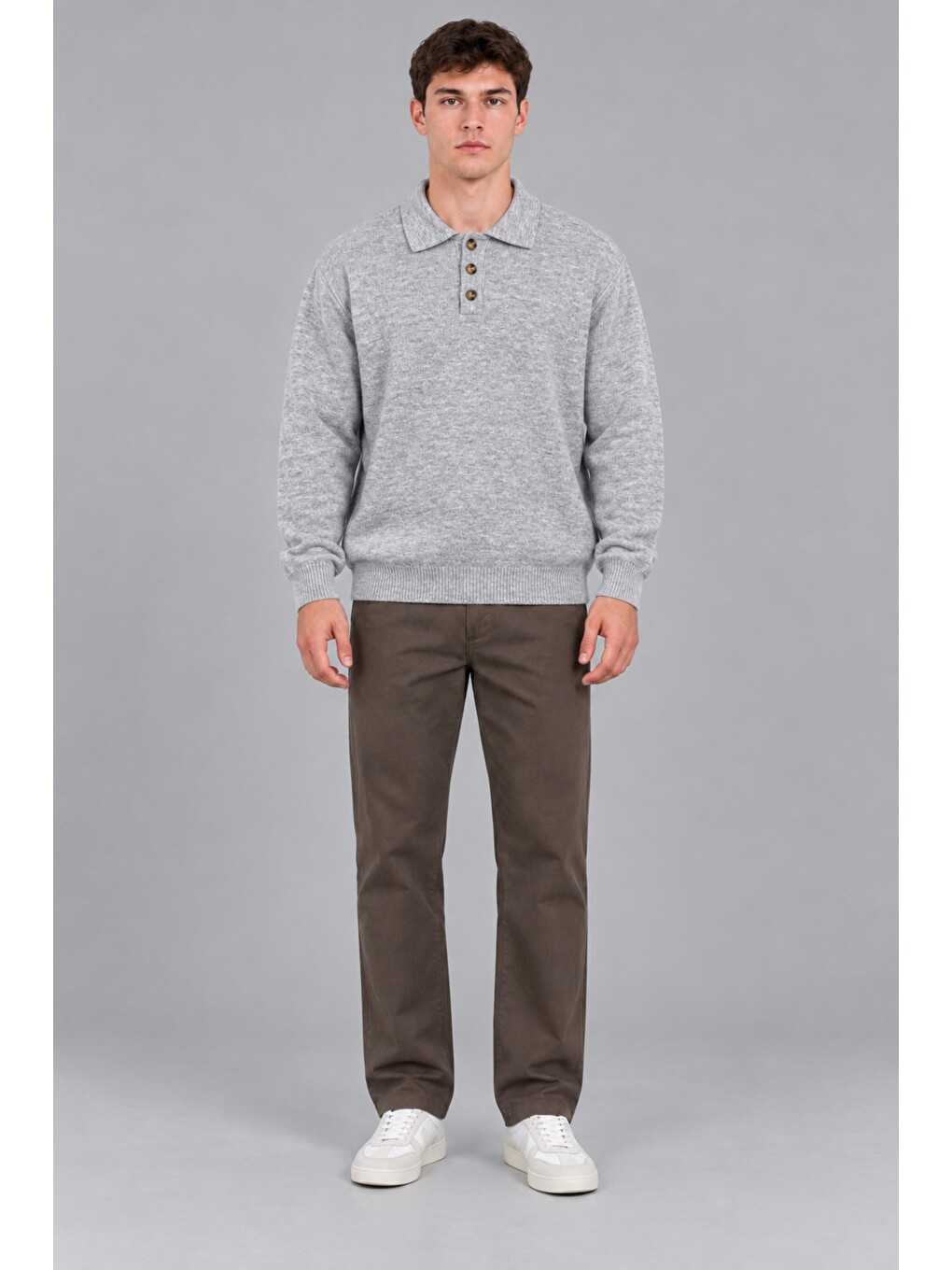 Gri Oversize Düğmeli Yaka Örgü Kazak Dp 17501_10063-3