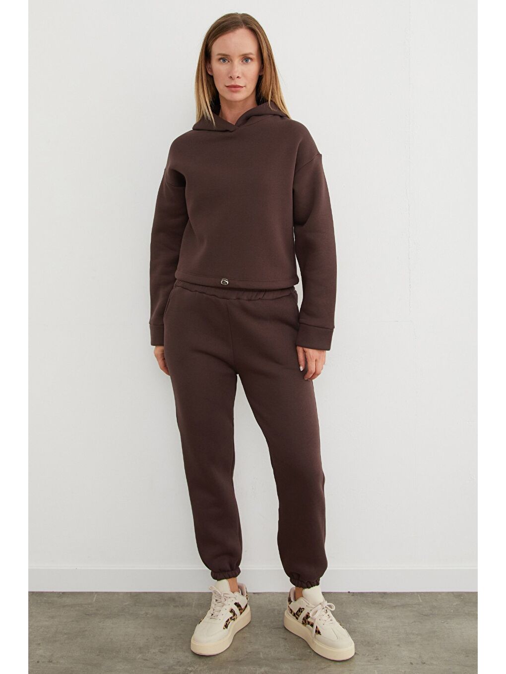 Kahverengi 3 İplik Basic Beli Stoperli Kapüşonlu Jogger Takım-2