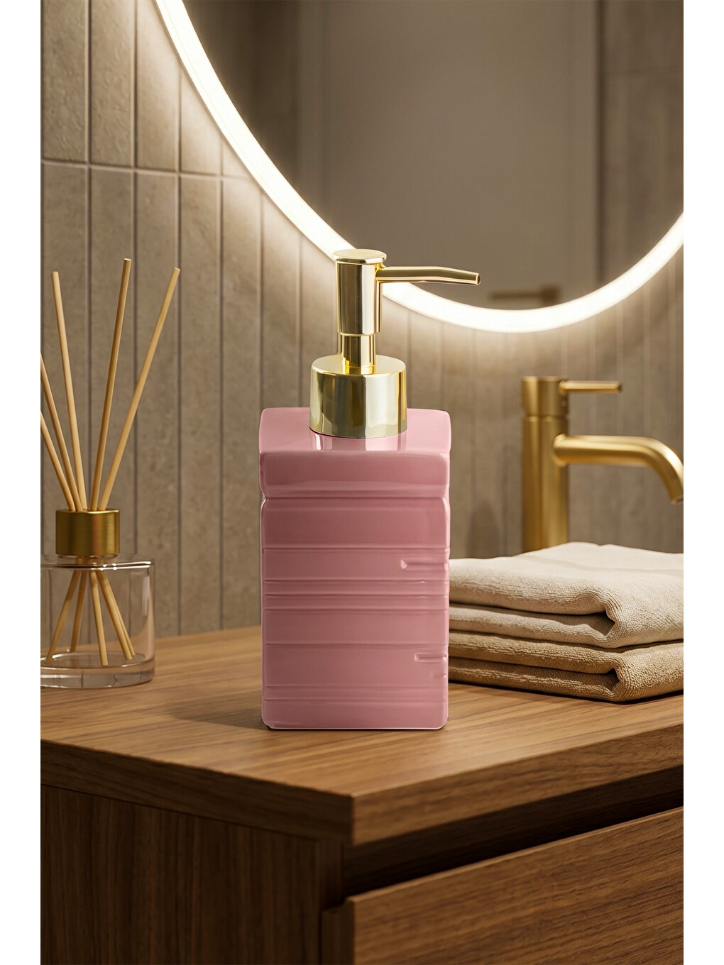 Pembe 3206 Seramik Sıvı Sabunluk - Tezgah Üstü Banyo Mutfak Lavabo Sabunluğu - 275 Cc Pudra
