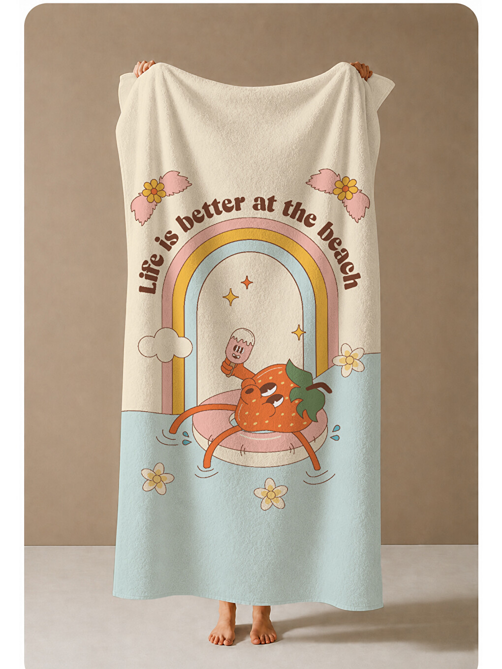 Ekru Krem Life Is Better At The Beach Desenli 70x150 Cm Dijital Baskılı Plaj Ve Banyo Havlusu-3