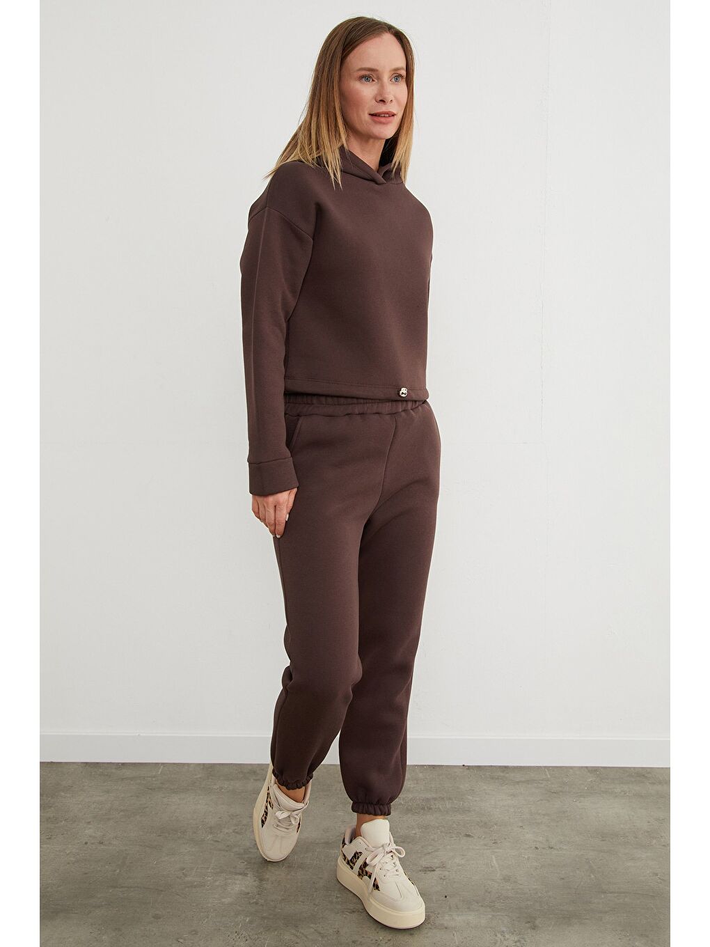 Kahverengi 3 İplik Basic Beli Stoperli Kapüşonlu Jogger Takım-3
