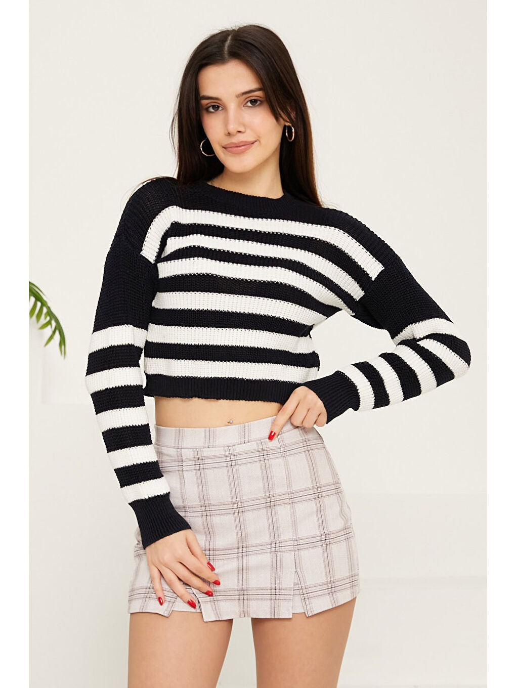 Çizgili Triko Crop Koyu Lacivert - 27649