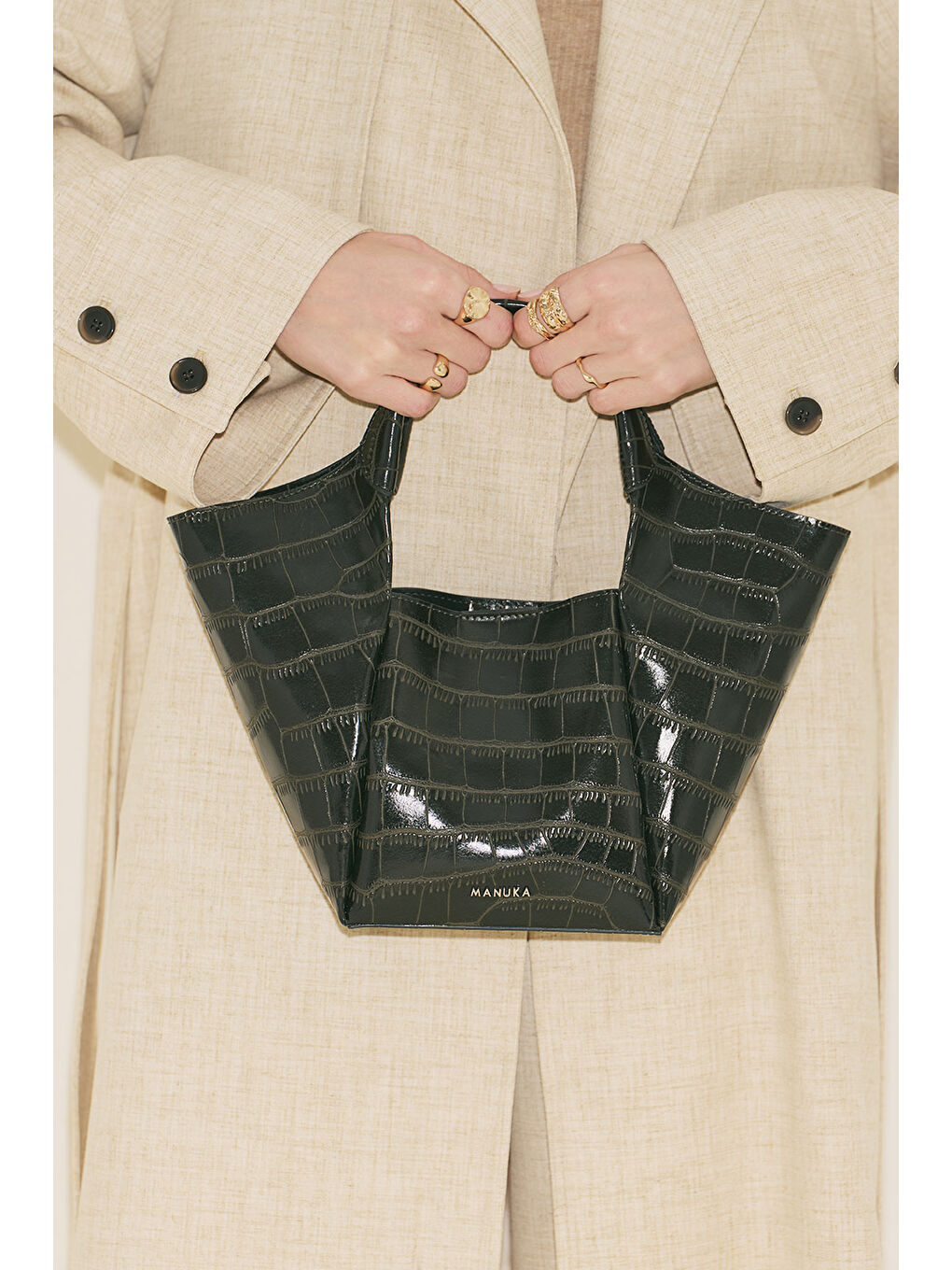 Tara Kabartma Deri Çanta Koyu Yeşil-2