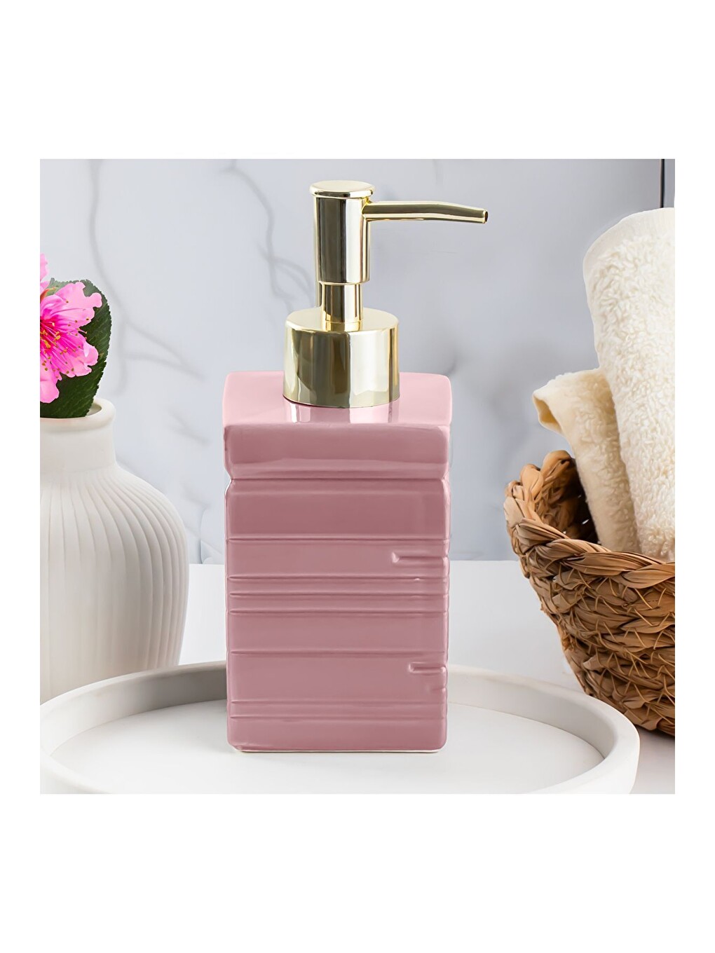 Pembe 3206 Seramik Sıvı Sabunluk - Tezgah Üstü Banyo Mutfak Lavabo Sabunluğu - 275 Cc Pudra-1