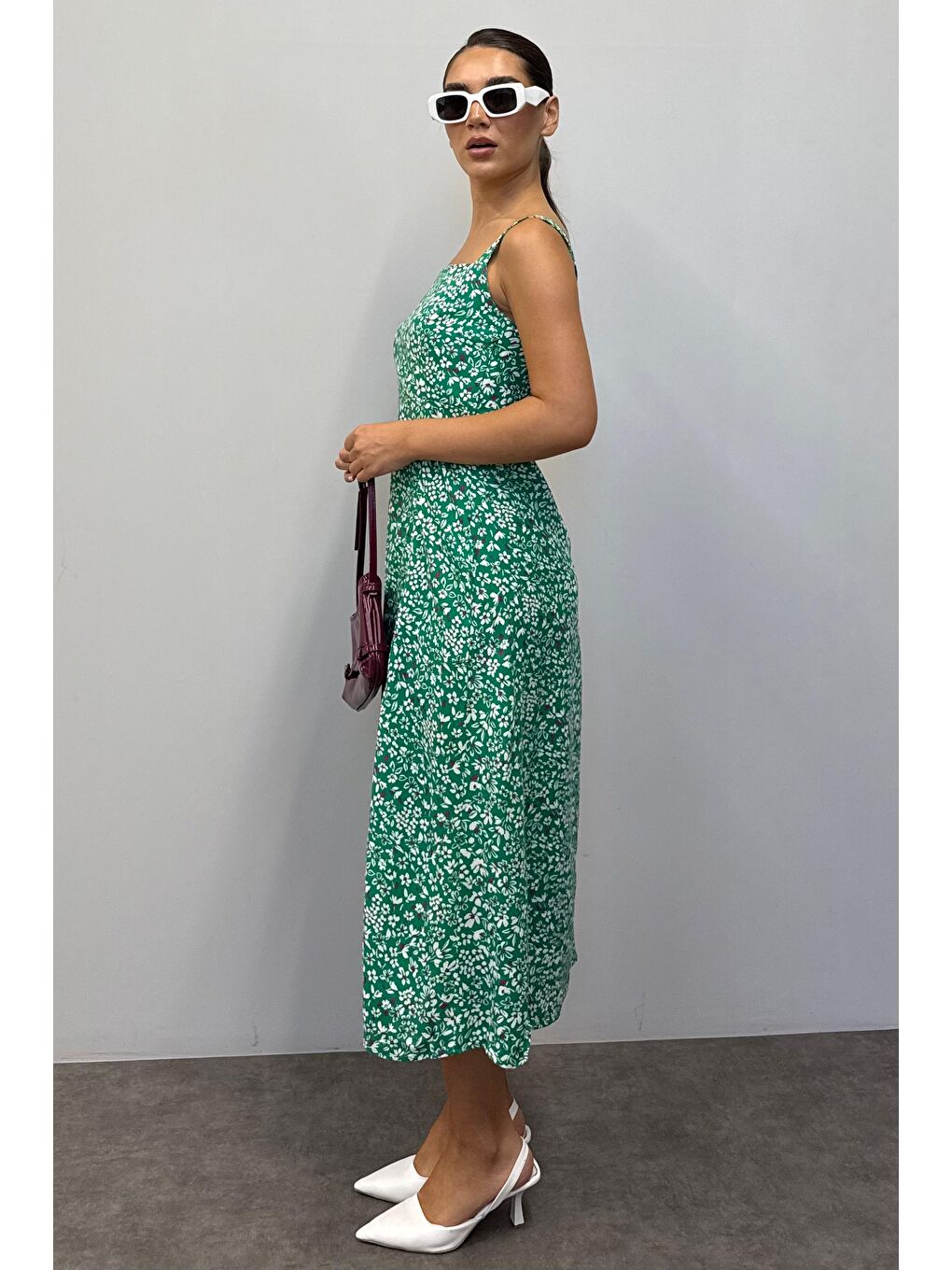 Yeşil Desenli Yırtmaçlı Uzun Elbise Mg1868-3