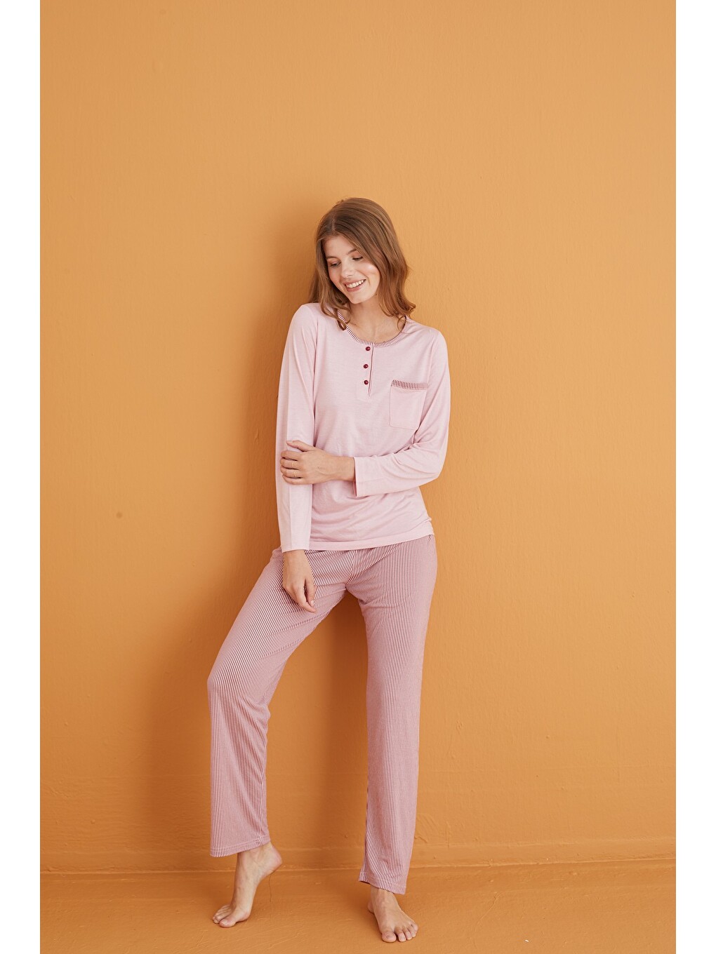Pembe Düğmeli Cepli Örme Pijama Takım-1