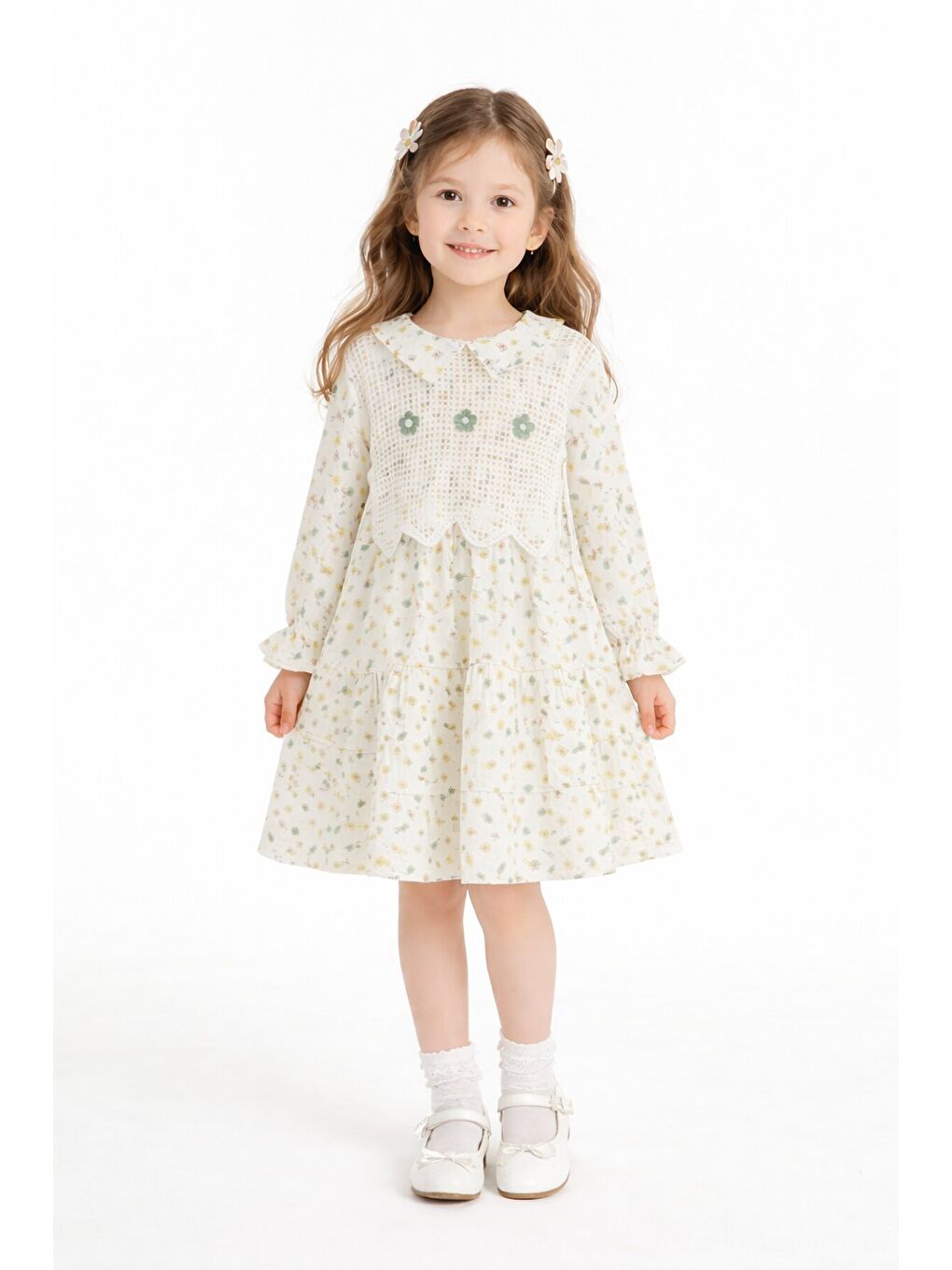 Yeşil Çiçek Desenli Nakışlı Süveterli Kız Çocuk Müslin Elbise 23577
