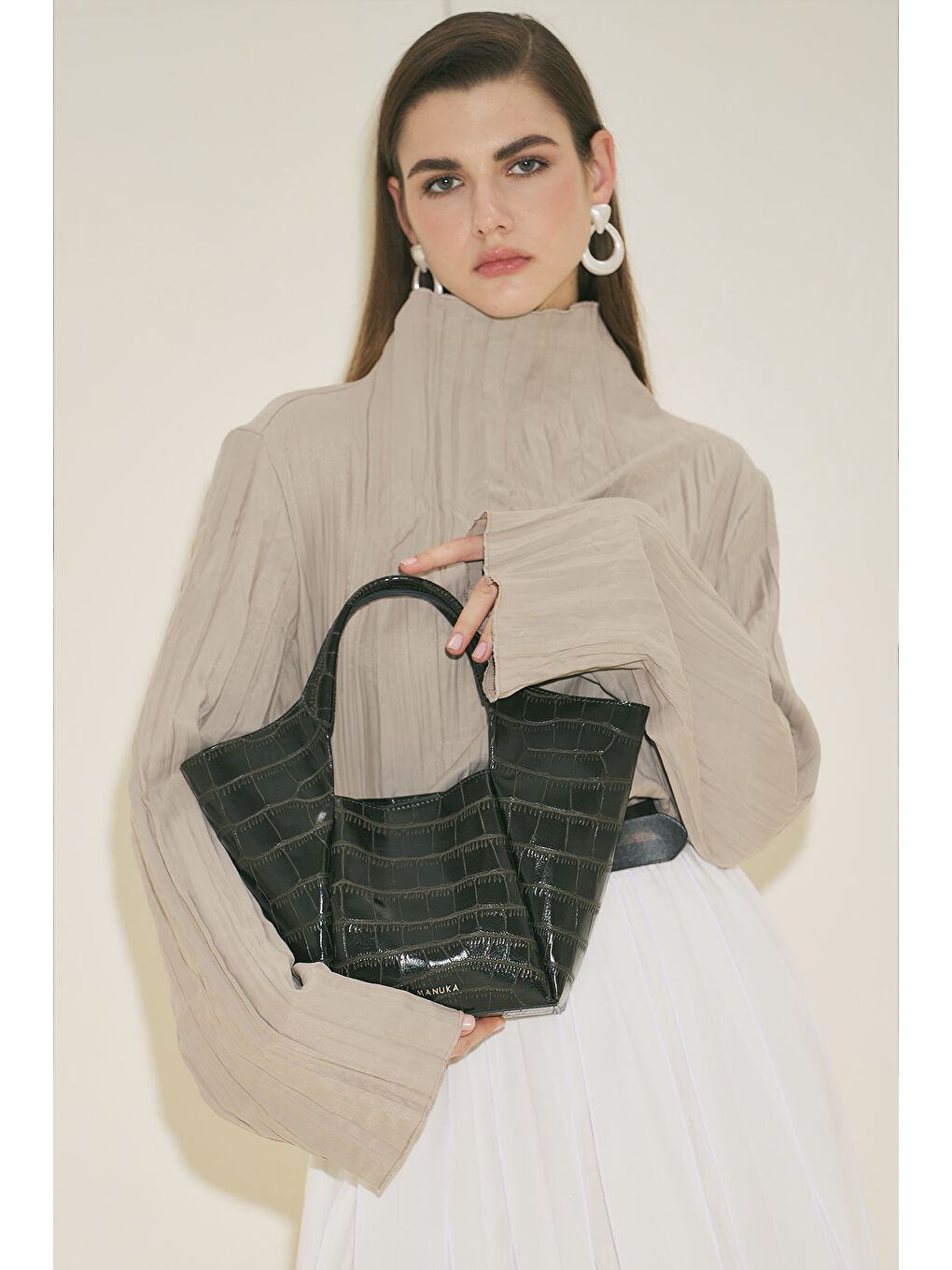 Tara Kabartma Deri Çanta Koyu Yeşil-6