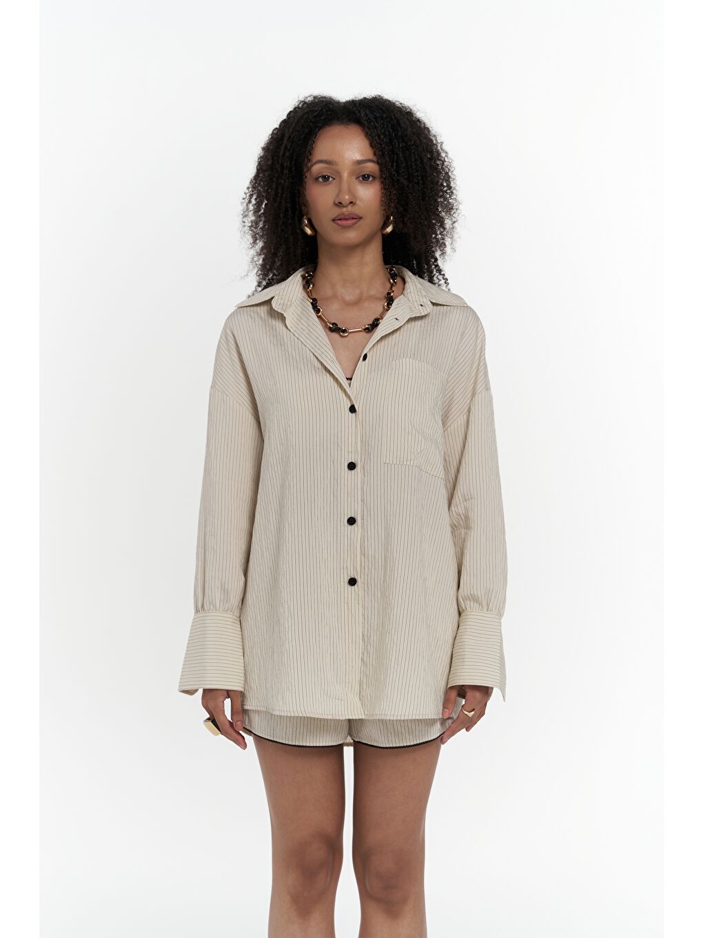 Leda Dantel Detay Şortlu Bej Üçlü Takım-3