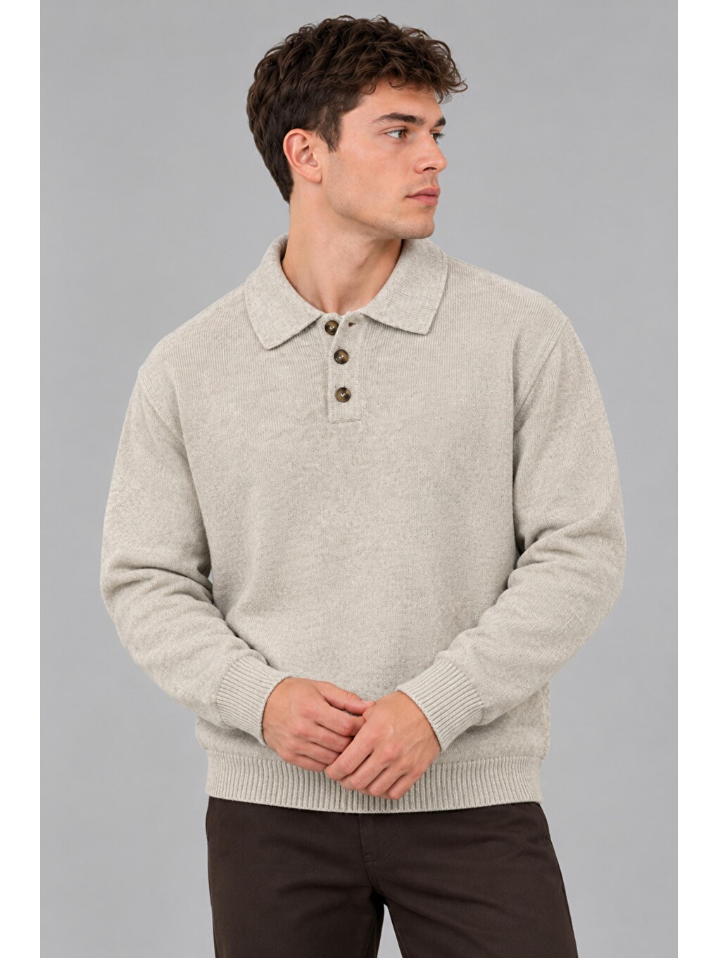 Bej Oversize Düğmeli Yaka Örgü Kazak Dp 17501_10063