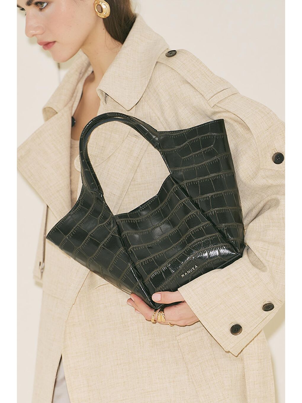 Tara Kabartma Deri Çanta Koyu Yeşil-10