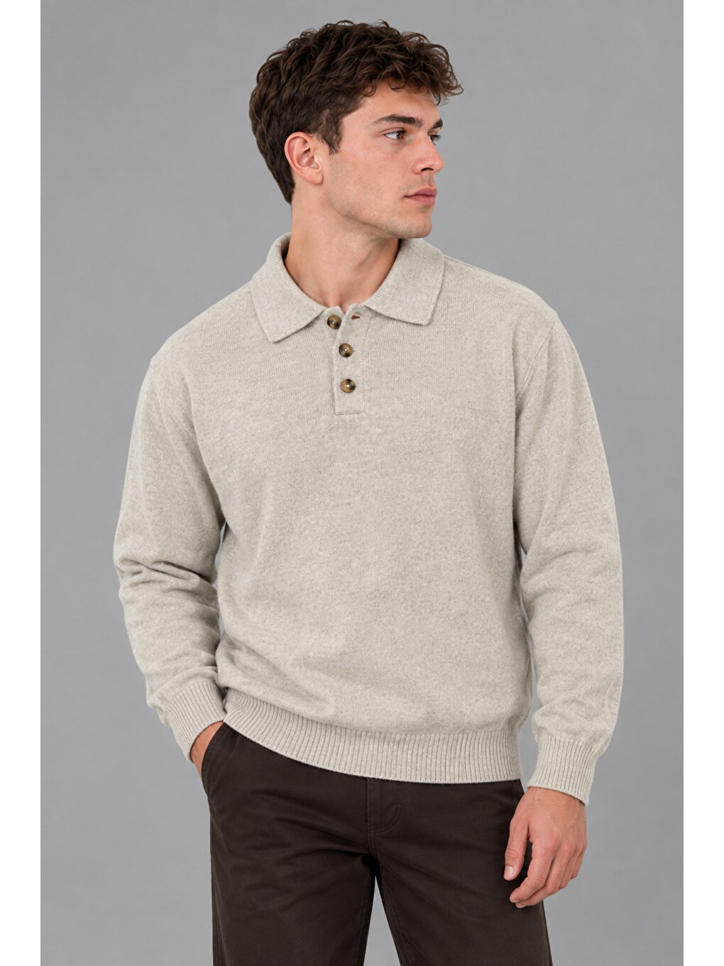 Bej Oversize Düğmeli Yaka Örgü Kazak Dp 17501_10063-1