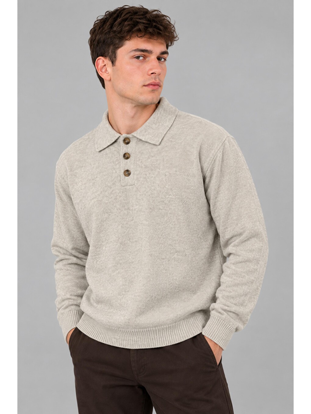 Bej Oversize Düğmeli Yaka Örgü Kazak Dp 17501_10063-2