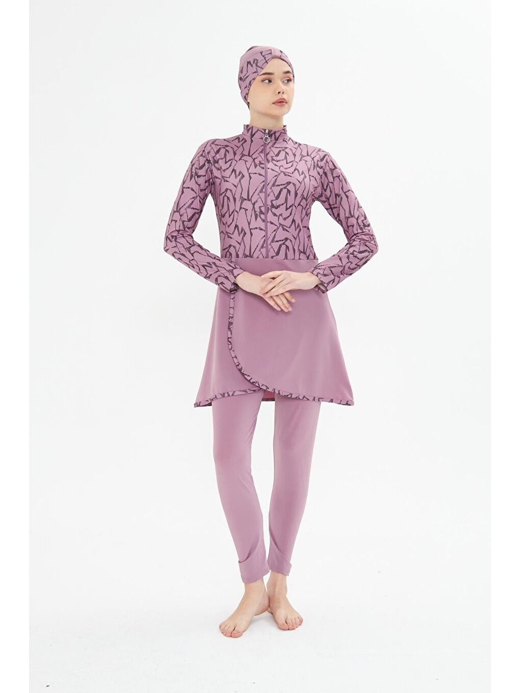 Tam Kapalı Elastanlı Desenli Etekli Tesettür Mayo Pembe 3482-P-1