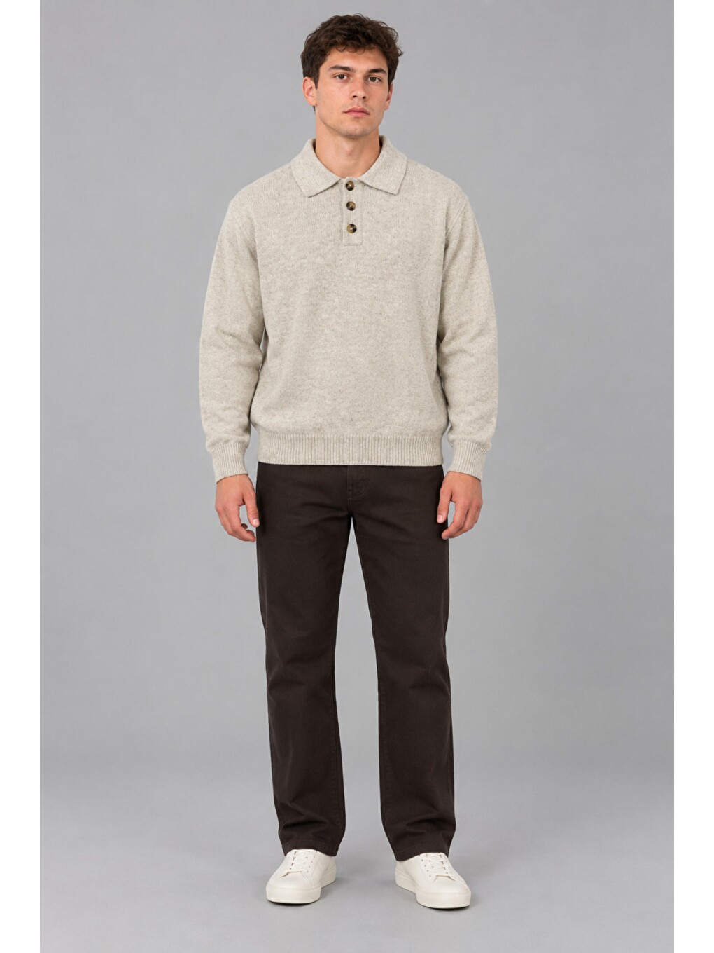 Bej Oversize Düğmeli Yaka Örgü Kazak Dp 17501_10063-3