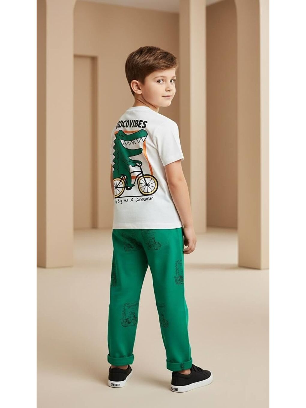 Gri Erkek Çocuk Dinozor Baskılı Pamuklu Altüst Takım-1