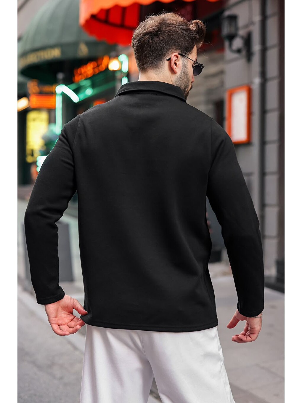 Siyah Yarım Fermuarlı Polo Yaka Dokulu Erkek Sweatshırt E7197-1