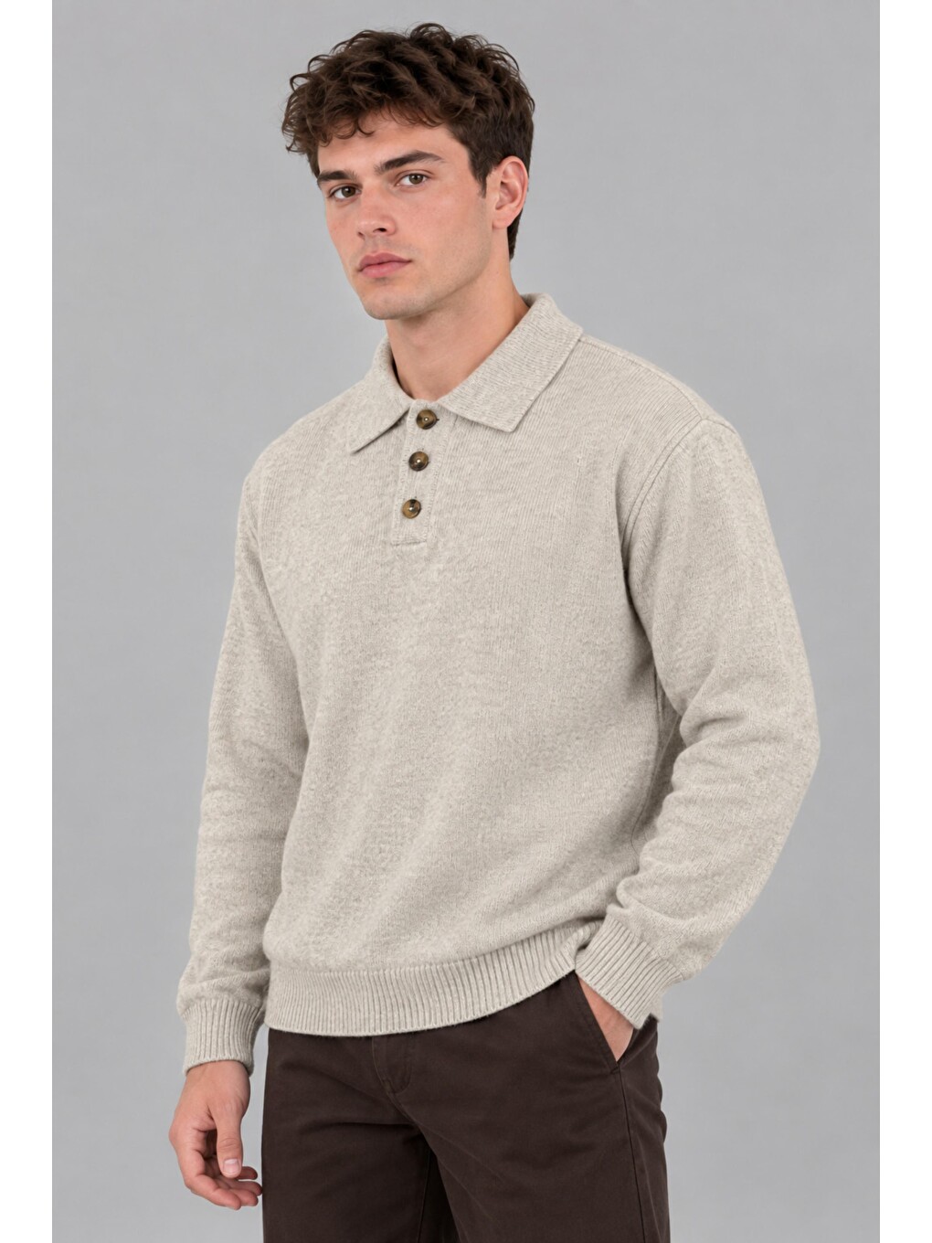 Bej Oversize Düğmeli Yaka Örgü Kazak Dp 17501_10063-4