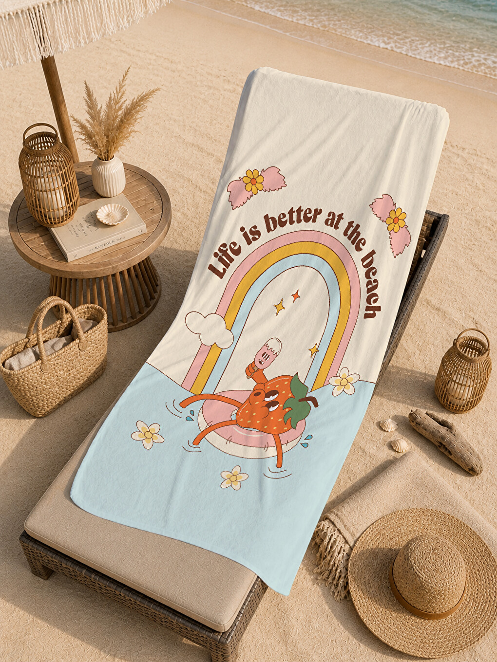 Ekru Krem Life Is Better At The Beach Desenli 70x150 Cm Dijital Baskılı Plaj Ve Banyo Havlusu-4
