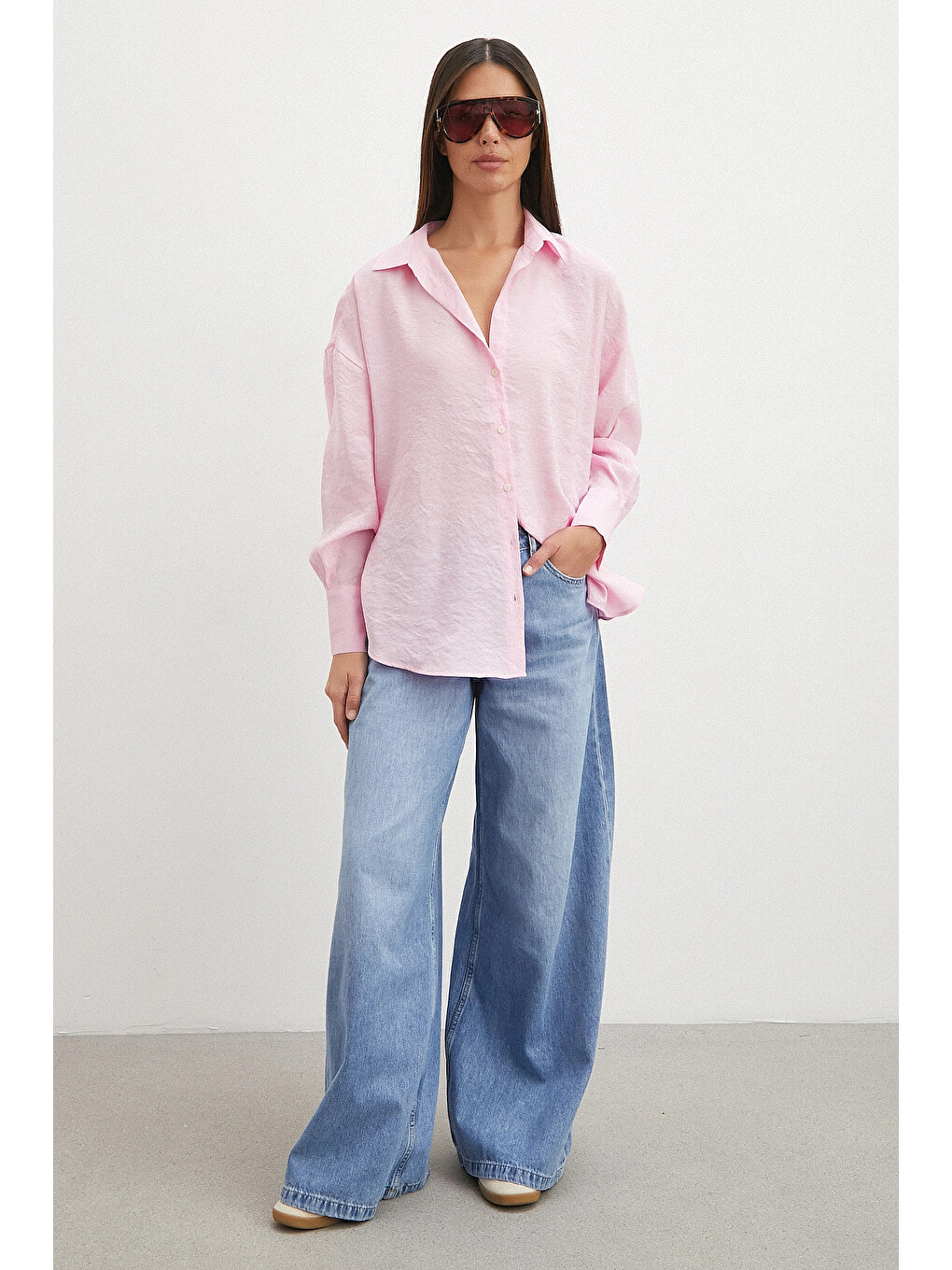 Dökümlü Oversize Modal Gömlek Pembe-1