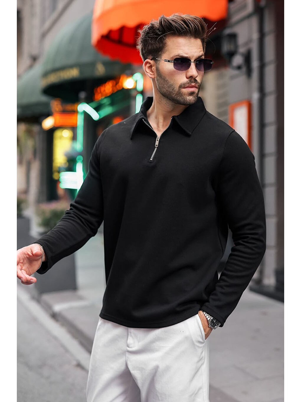 Siyah Yarım Fermuarlı Polo Yaka Dokulu Erkek Sweatshırt E7197-3