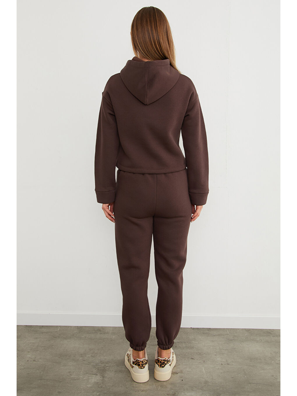Kahverengi 3 İplik Basic Beli Stoperli Kapüşonlu Jogger Takım-4