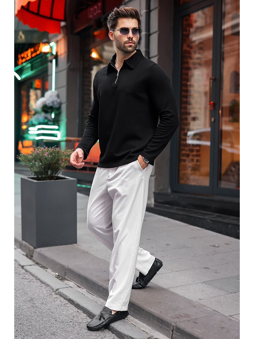 Siyah Yarım Fermuarlı Polo Yaka Dokulu Erkek Sweatshırt E7197-4