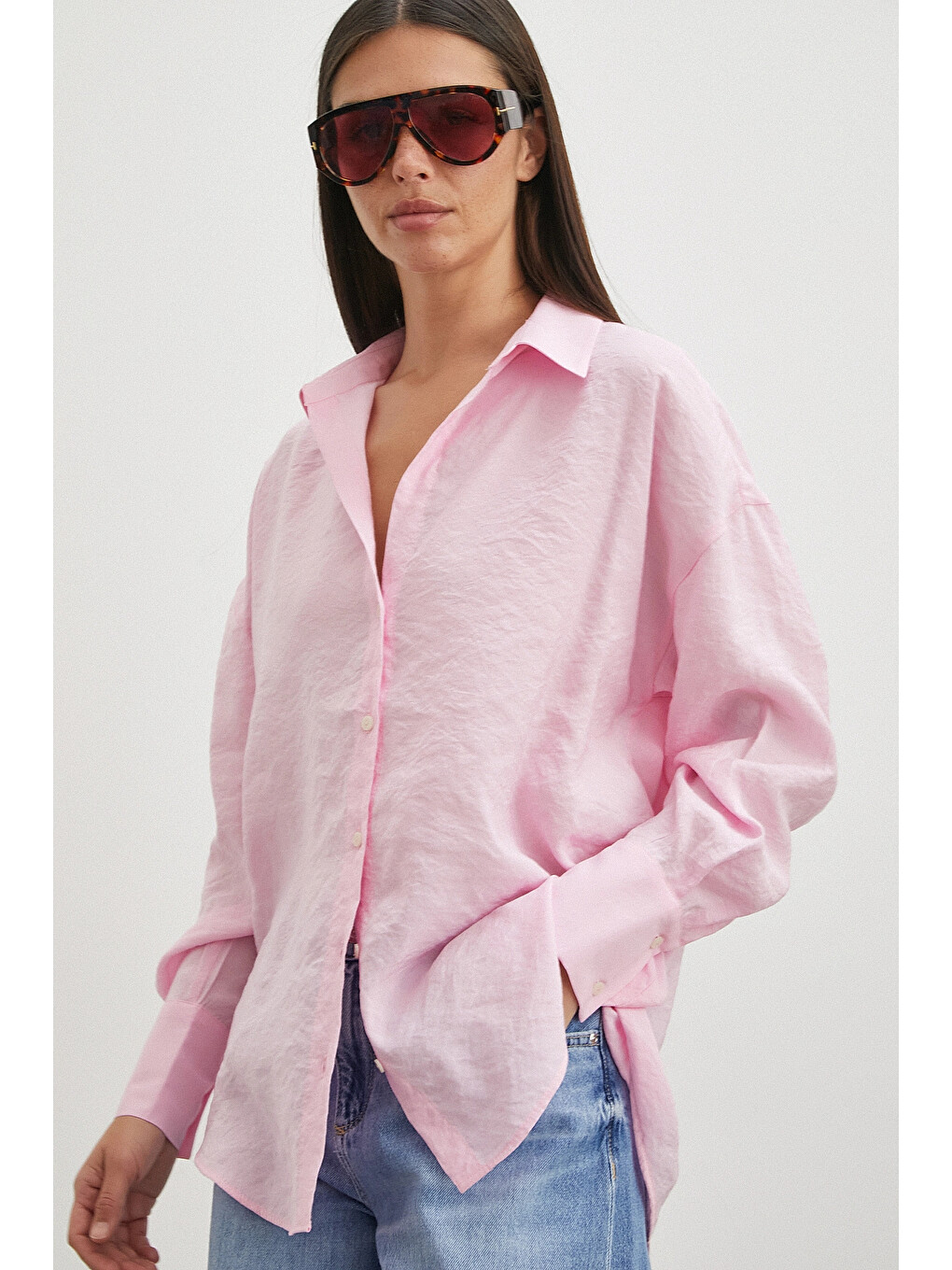 Dökümlü Oversize Modal Gömlek Pembe-2