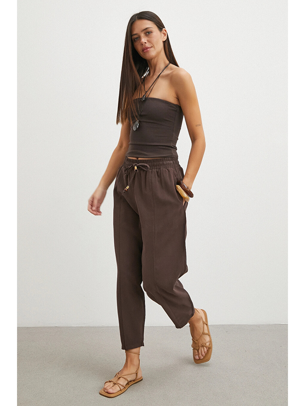 Karışık Bağcığı Boncuklu Salaş Pantolon Kahve-2