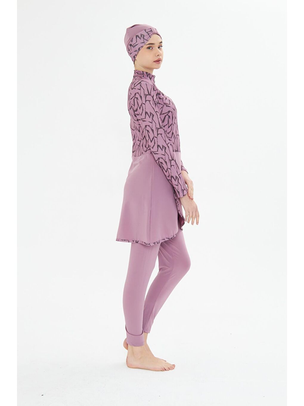 Tam Kapalı Elastanlı Desenli Etekli Tesettür Mayo Pembe 3482-P-3
