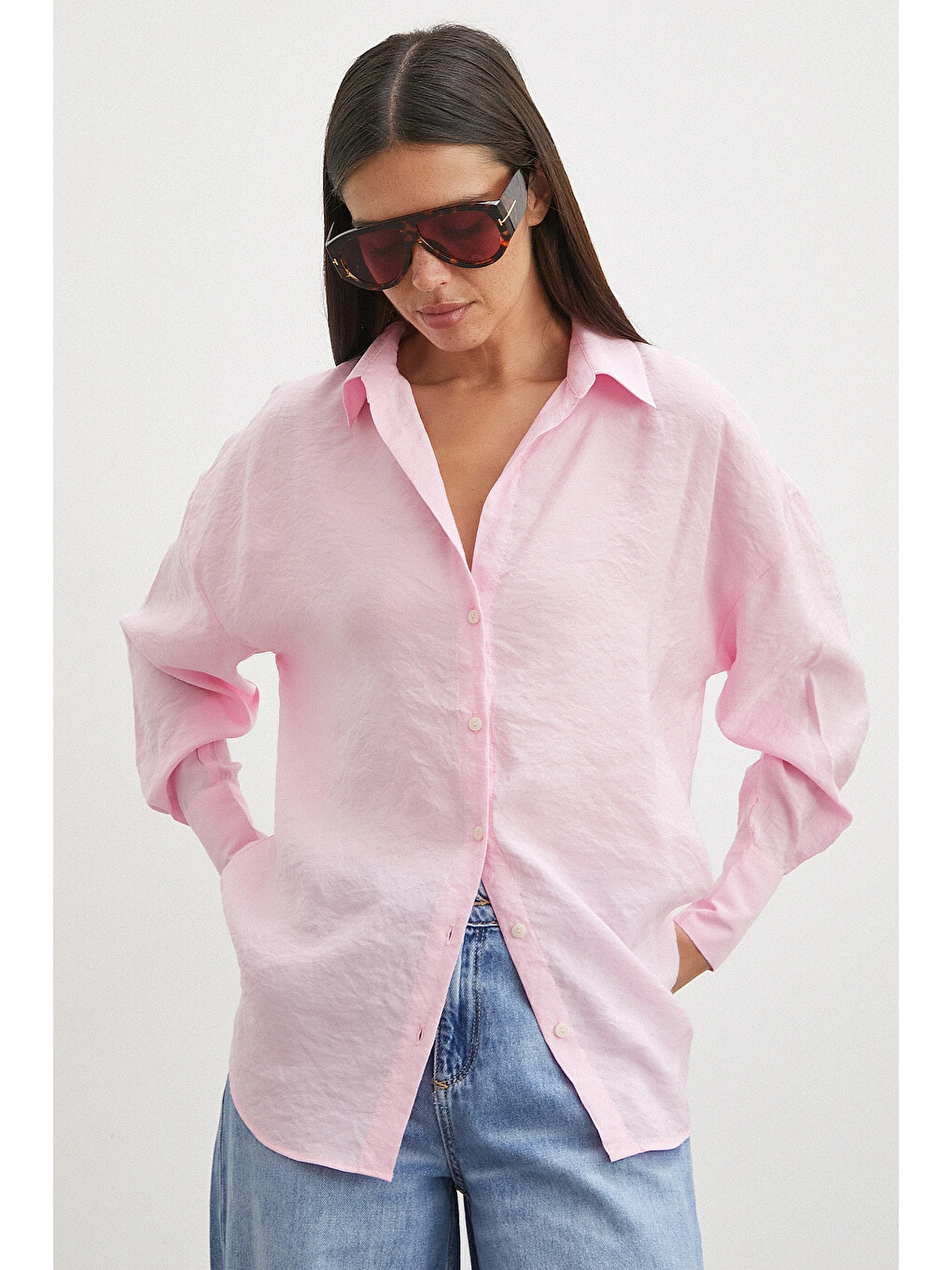 Dökümlü Oversize Modal Gömlek Pembe-3