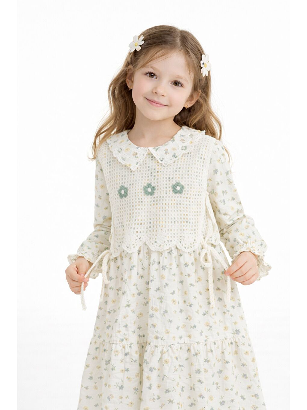 Yeşil Çiçek Desenli Nakışlı Süveterli Kız Çocuk Müslin Elbise 23577-3