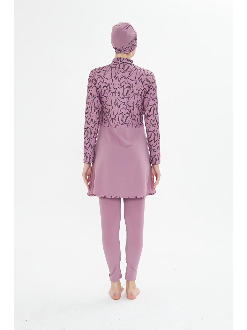 Tam Kapalı Elastanlı Desenli Etekli Tesettür Mayo Pembe 3482-P-4