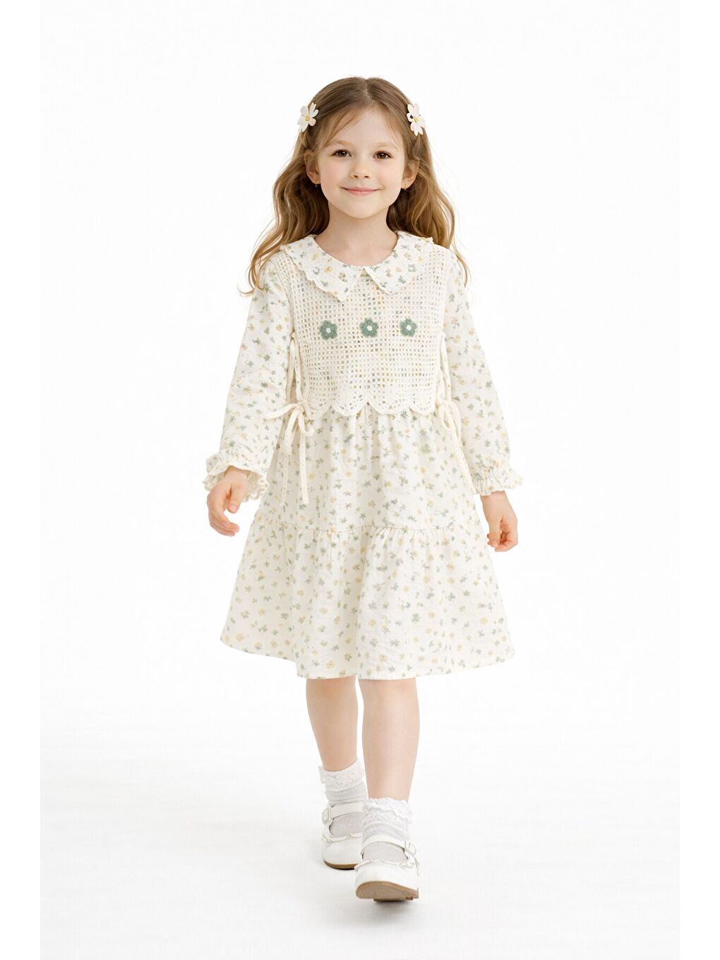 Yeşil Çiçek Desenli Nakışlı Süveterli Kız Çocuk Müslin Elbise 23577-4