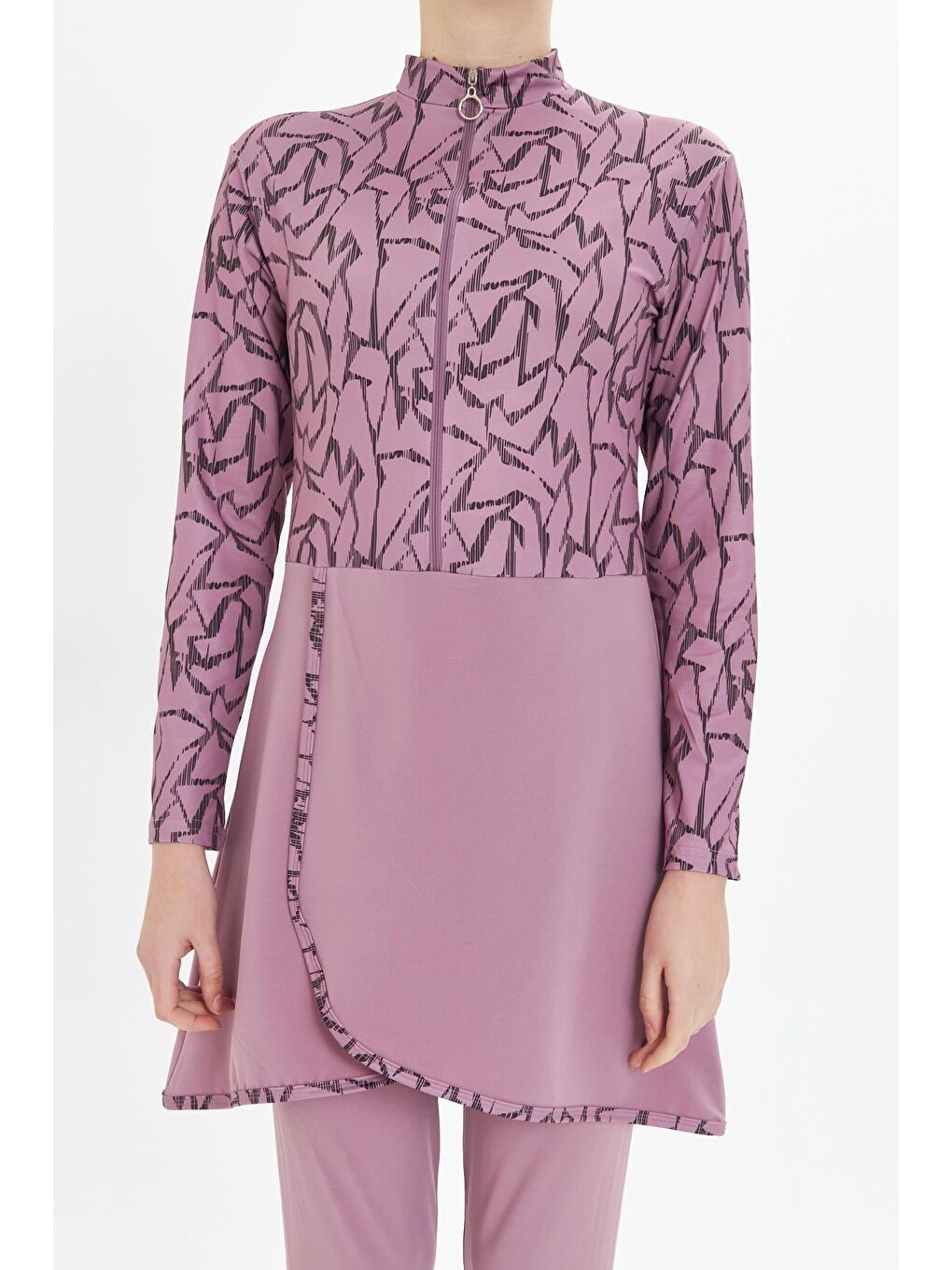 Tam Kapalı Elastanlı Desenli Etekli Tesettür Mayo Pembe 3482-P-5