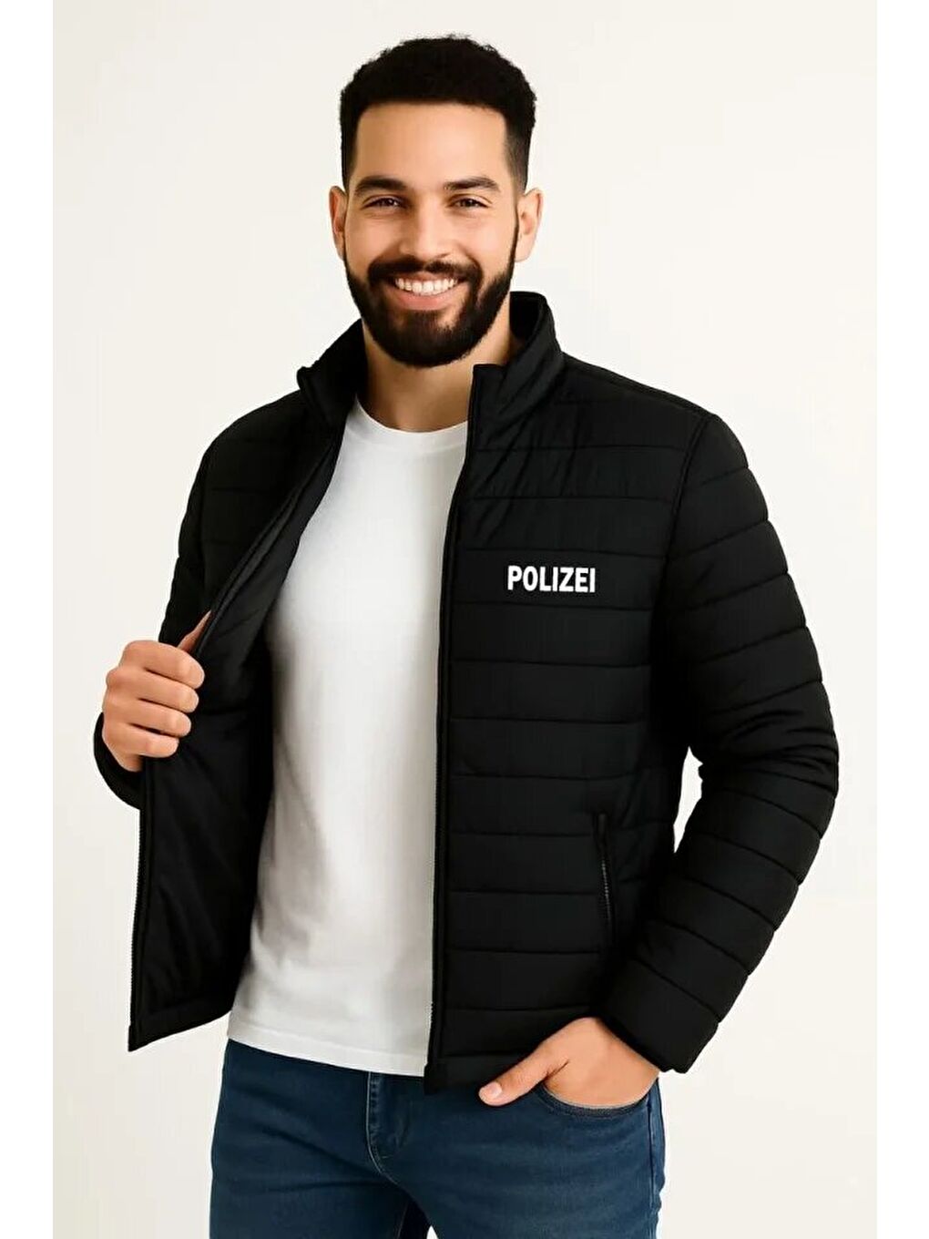 Siyah Erkek Mikro Su İtici Kapitone Baskılı Astarlı Fermuarlı Bomber Mont