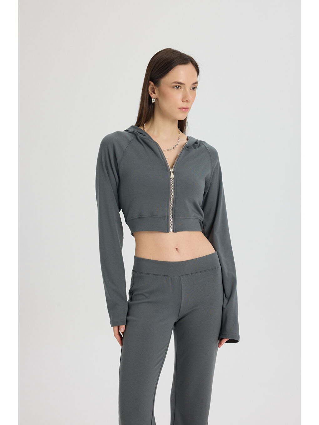 Gri Remy Fermuarlı Füme Eşofman Takım-5