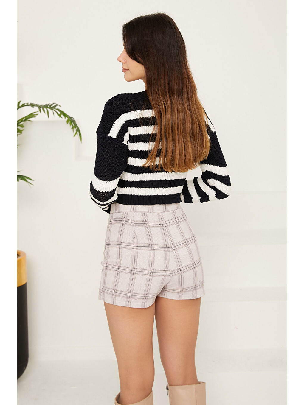 Çizgili Triko Crop Koyu Lacivert - 27649-4