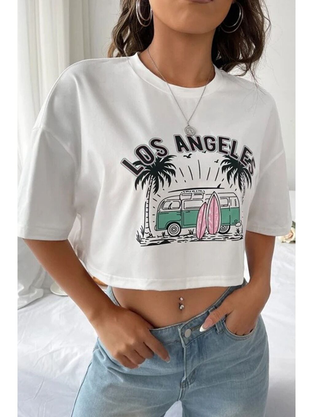 Kadın Beyaz Los Angeles Baskılı Oversize Crop T shirt