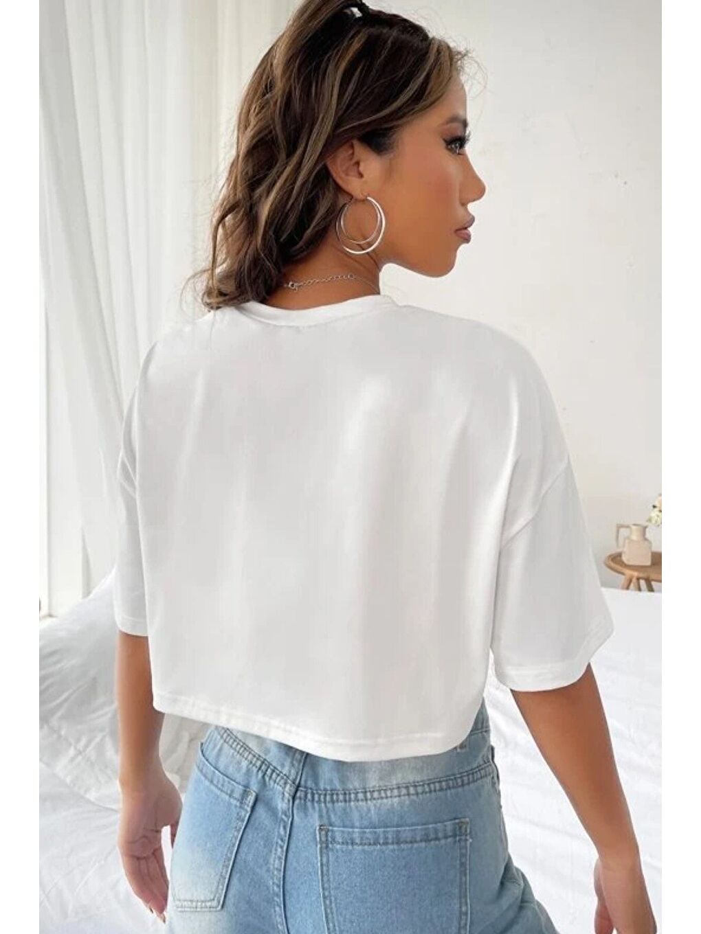 Kadın Beyaz Los Angeles Baskılı Oversize Crop T shirt-2